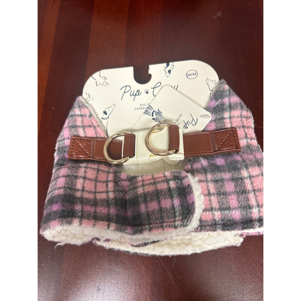 Pup Crew Pink Grey Plaid Faux Shearling Dog Harness Size M/M Step-In Buckle